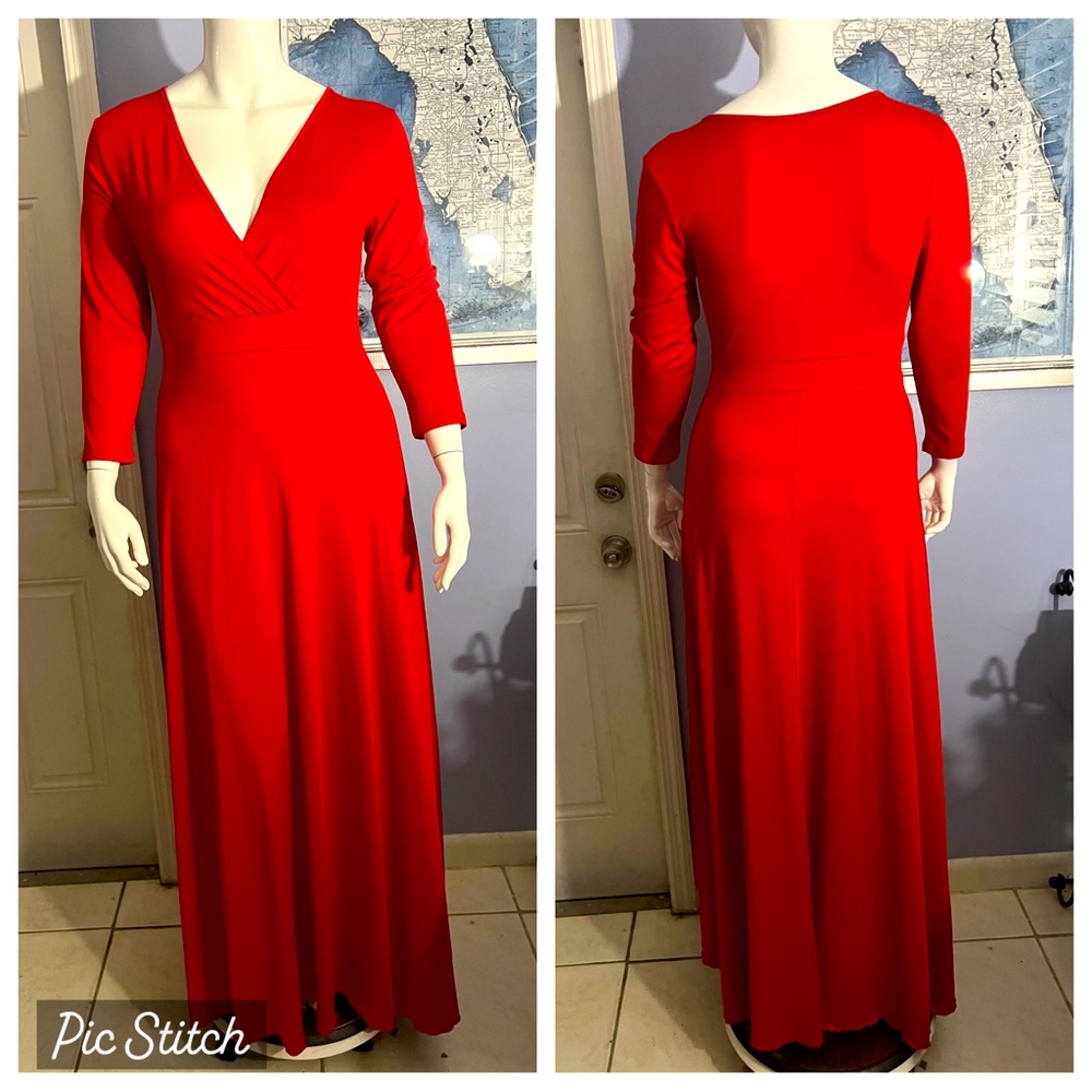Plus Red V Neck Maxi Dress 1x